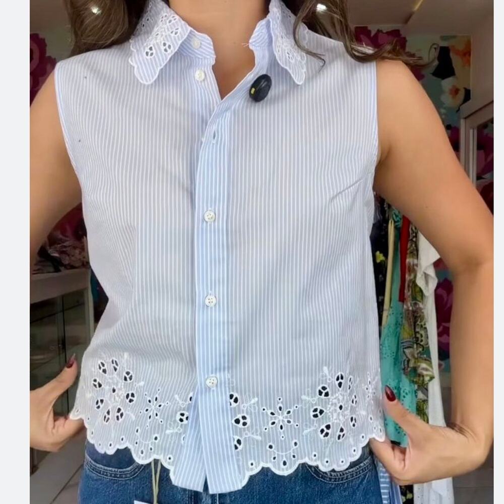 Zara Stripe Eyelet Button Down Crop Top Women's Medium Blue Cotton Poplin
